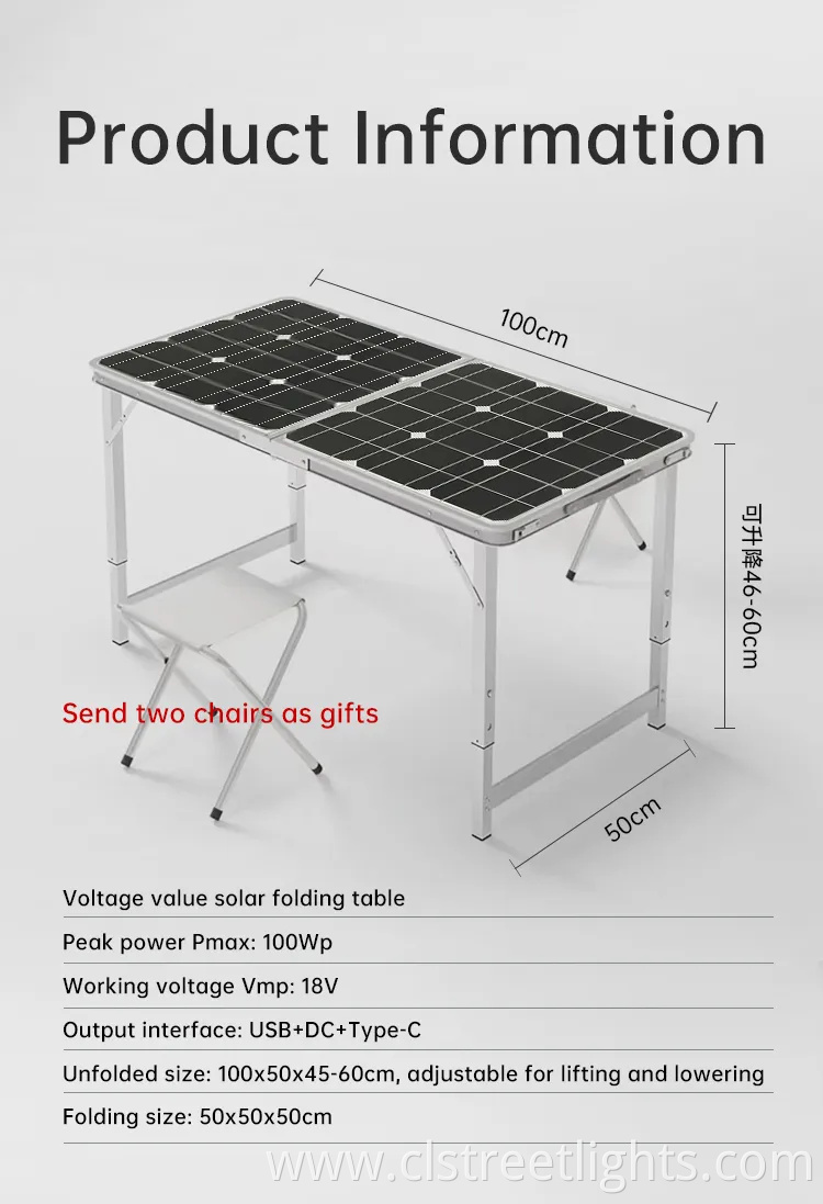 100W High-Efficiency Monocrystalline Silicon Portable Foldable Solar Panel Camping Table IP68 Waterproof